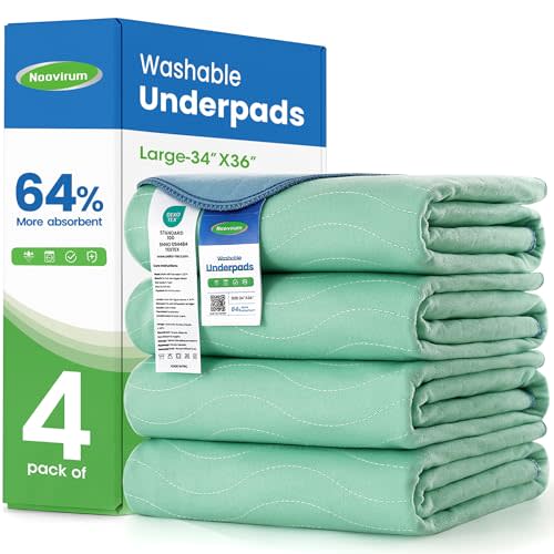 Noovirum® Washable Underpads,34"x36" (Pack of 4) - Heavy Absorbency Incontinence Bed Pads for Adults, Kids & Pets - Waterproof Reusable Protective Pad for Bed, Sofa, Furniture & Floor