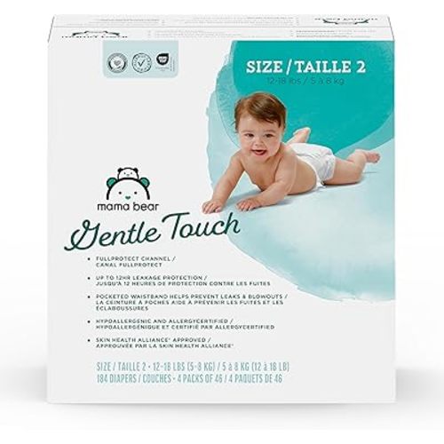 Amazon Brand - Mama Bear Gentle Touch Baby Diapers, Size 2, 184 Count (4 packs of 46), Leak Protection, Wetness Indicator, Formulated Without Fragrance