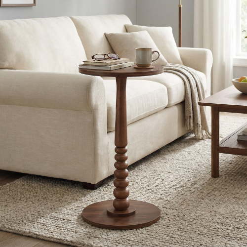 LEDREM Round Side Table for Small Spaces, Solid Wood Leg Mid-Century Modern End Table for Living Room and Bedroom, Chestnut Walnut