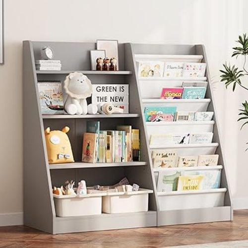NACHES 4 Tier Kid Bookshelf Wooden 5 Sling Children Bookcase Toddler Montessori Bookcase Book Rack Display Toy Storage Organizer Book Display Shelf Stand Classroom Bedroom Nursery Playroom(Grey)