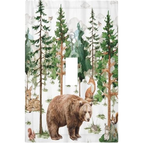 Watercolor Safari Forest Trees Bear Jungle Wildlife 1 Gang Light Switch Covers Single Toggle Wall Plate Decorative Switchcover Electrical Switchplate for Farmhouse Country Bedroom Decor