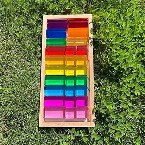 27PCS Rainbow Crystal Acrylic Blocks with Tray, 7 Colors Stacking Gem Blocks for Kids, 3 Shapes Cylinder, Cube, Cuboid Educational Sensory Light Learning Toys(Mixed Shape Acrylic Blocks)