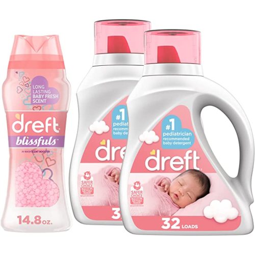 Dreft Stage 1: Newborn Hypoallergenic Baby Laundry Detergent Liquid Soap, 64 Total Loads, 46 Ounce (Pack of 2), & Dreft Blissfuls Laundry Scent Booster Beads for Washer, Baby Fresh Scent, 14.8 oz
