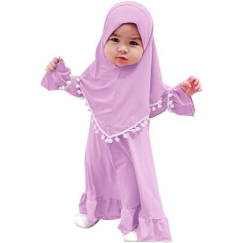 IWEMEK Infant Baby Girl Prayer Dress Kids Muslim Clothes for Toddler Girls Abaya with Hijab Ruffle Islamic Eid Ramadan Outfit
