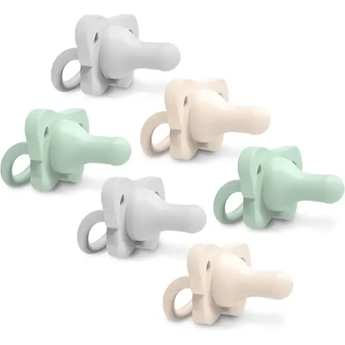Dr. Brown's HappyPaci 100% Silicone Baby Pacifier, Contoured One-Piece Design, Green, Cool Gray, Ecru, 0-6m, BPA-Free, 6 Pack
