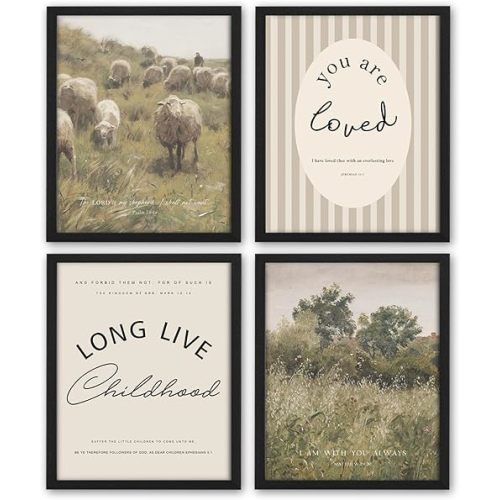 NaZaUK Christian Nursery Decor, Vintage Nursery Wall Art, The Lord is my Shepherd, Scripture Wall Art Children Religious Pictures for Classroom, Set of 4, 8x10in Unframed