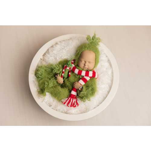 Whimsical Holiday Green Monster Outfit for Newborns with Felted Toy and Striped Scarf