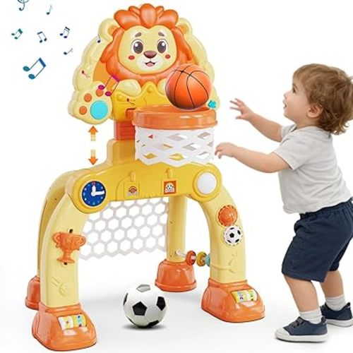 Toddler Basketball Hoop Soccer Goal for Kids 1-3, Baby Toys for 1 Year Old Boy Gifts, Kids Sports Toy with Light Sound Music, Baby Interactive Toys for Christmas Birthday Gifts for Boy Girls