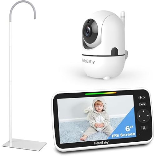 HelloBaby 6'' World First IPS 30H Battery Split-Screen Video Baby Monitor with Camera and Audio, No WiFi, Pan-Tilt-Zoom, VOX, 2-Way Talk, Night Vision, 8 Lullabies, 1000ft, for New Parents/Elderly