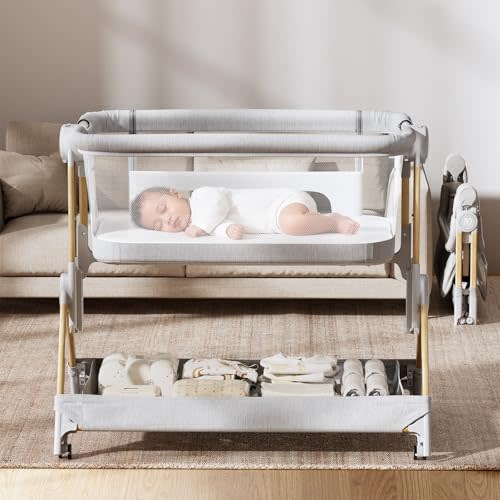 ANGELBLISS Baby Bassinet, 3-in-1 Bedside Bassinet for Baby, One-Touch Foldable Baby Crib for Newborn with Full-Mesh Sides & Adjustable Height, Mattress & Storage Bag