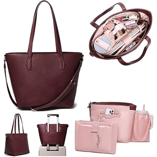 Women’s 16” Laptop Tote Bag – Burgundy Vegan Leather Work Bag with Cupholder, RFID Pockets, Anti-Pickpocket Zipper, Travel Tote with Trolley Sleeve & Detachable Laptop Sleeve