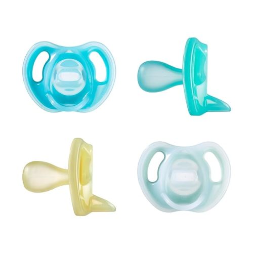 Tommee Tippee Ultra-Light Silicone Pacifier, 6-18 Months, Symmetrical One-Piece Design, BPA-Free Silicone Binkies, Blue/Green/Yellow, Pack of 4