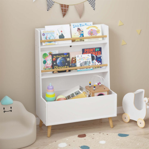 Latitude Run® Kids Bookshelf And Toy Storage Organizer, Two-Level Shelves With Safety Buckle, Modern Design For Clutter-Free Rooms | Wayfair