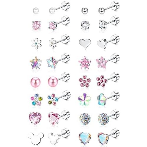 Jstyle 16 Pairs Hypoallergenic Earrings For Girls Women Surgical Steel Screwback Earrings for Sensitive Ears Cute Todder Earrings Kid Earrings Flat Back Stud Earrings