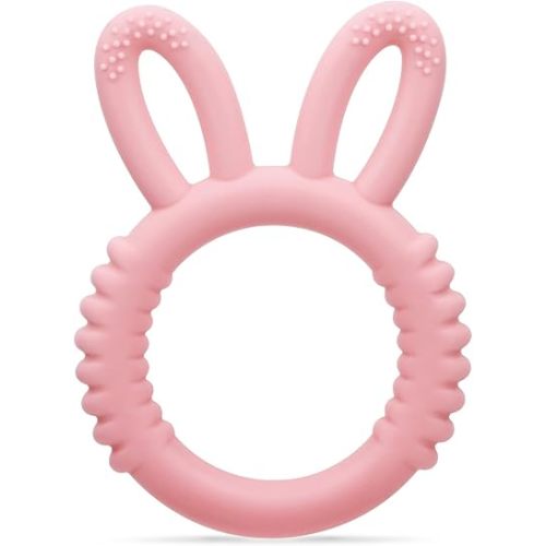 Silicone Babies Teethers Baby Teething Toys for Soothe Massage Sore Gums for 3-12 Months Infants, BPA Free, Easter Gifts for Boys and Girls, Ring Shape Rabbit Ear Design (Pink)