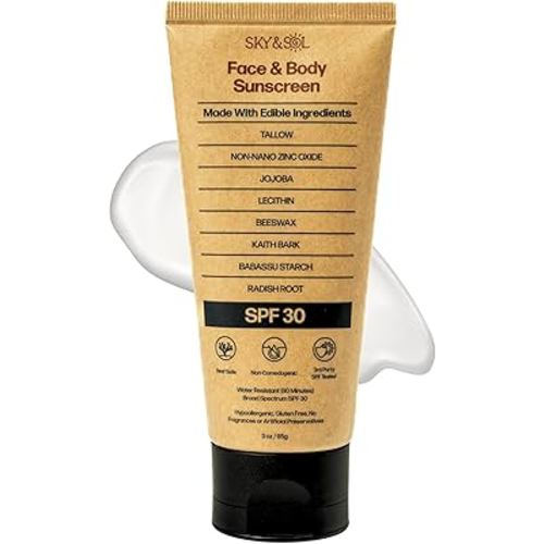 Sky and Sol Natural Mineral Sunscreen SPF 30 3 oz: Natural Tallow & Zinc Oxide, Reef Safe, Water Resistant, Fragrance-Free, Non-Greasy Formula for Face and Body