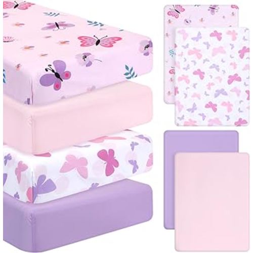 Mixweer 4 Pack Butterfly Baby Crib Sheet Set for Girls Standard Size Crib Toddler Mattresses Soft Breathable Sheets for Baby Gifts Home Nursery Toddler, Pink Purple