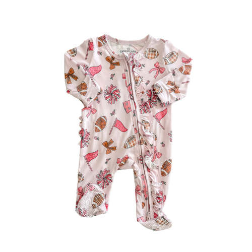 Ruffle Zipper Bamboo Footie in Huddles & Cuddles Pink | Caden Lane