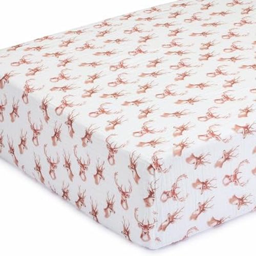 LollyBanks Muslin Crib Sheet 1 Pack, 100% Cotton Soft and Breathable Baby Crib Sheets, Gentle Durable Toddler Bed Sheet Fits Standard 52"x28" Mattress, Baby Registry Must Haves (Deer Head Print)