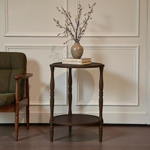 Accent Wood End Table, 2-Tier Round Bedside Table, Natural Side Table Nightstand for Family, Bedroom, Living Room, Handcrafted Finish, Walnut