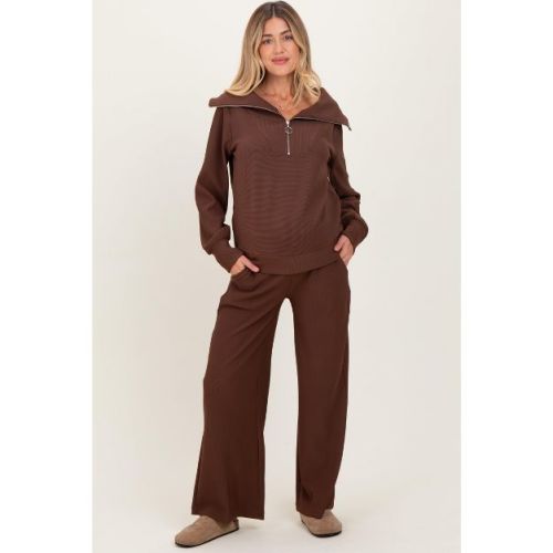 Pinkblush Brown Ribbed Half Zip Pullover Wide Leg Pant Maternity Set Small