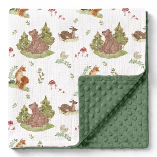 GLLQUEN BABY Muslin Baby Blankets for Boys & Girls, 2-Layer Toddler Blanket | Cotton Top with Dotted Fleece Back, Soft Receiving Blanket for Nursery Stroller Crib, 30''x40'', Woodland Animals