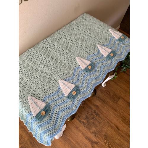 Crocheted Baby Blanket: Nautical Sailboat Nursery Decor (38x42”)