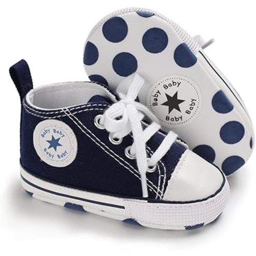 Unisex Baby Boys Girls Shoes, Newborn Infant Non-Slip Canvas Denim High Top Sneakers, Toddler First Walkers Shoes