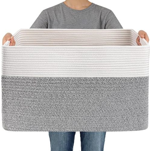 65L Large Woven Cotton Rope Blanket Basket, White&Grey