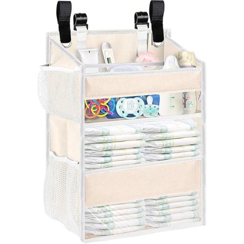 Ofiray-home Hanging Diaper Organizer for Changing Table,Cribs,Car,Playard or Wall & Nursery Organization-Durable 2-Tier Diaper Organizer with Mesh Pockets and Viewable Design, Won't Deform, Beige