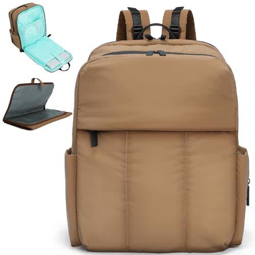 MOMINSIDE Diaper Bag Backpack - Large Puffer Diaper Bag - Neoprene Diaper Bag Quilted Baby Bag for Boys Girls, Large Changing Pad, Stroller Straps, 15 Pockets, Lightweight, Brown