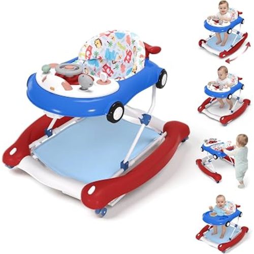 Baby Walker, 5-in-1 Baby Walker for Boys and Girls with Bouncer, Removable Footrest, Music, Foldable & Adjustable Speed Wheels Activity Walker for 6-18 Months Toddler Infant(Red Blue)