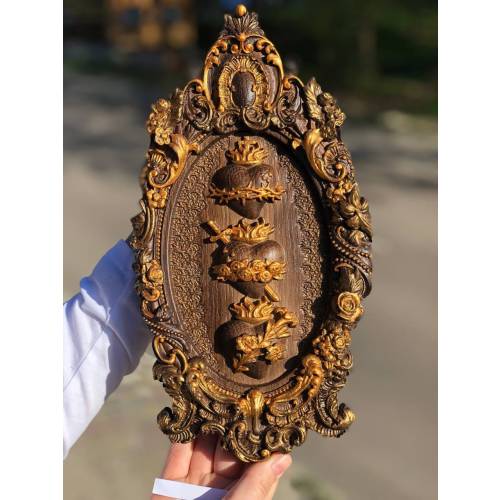 Oak Holy Family Sacred Hearts Wall Art: Catholic Religious Gift (7x13 inches)