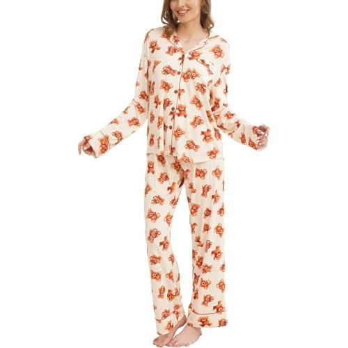 Womens Bamboo Viscose Pajama Sets Notch Collar Button Down Long Sleeve Sleepwear Comfy PJ Set