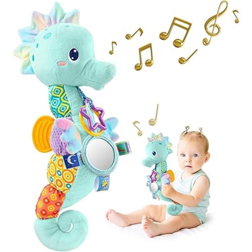 Infant Baby Musical Stuffed Animal Activity Soft Toys with Multi-Sensory Crinkle, Rattle and Textures, for Tummy Time Newborn 0-3-6-12 Months Girls,Seahorses - Blue with Baby Mirror