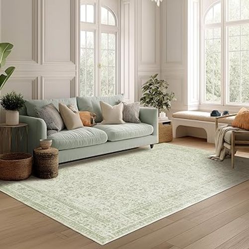 Sage Green Rug 5x7 Baby Girl Nursery Decor Neutral Boho Floral Pattern Distressed Design Washable Soft Cottagecore Area Rugs for Living Room Bedroom Light Green Low Pile No Slip Carpet 5 x 7