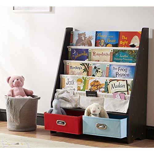 SEIRIONE Kids Bookshelf, 4 Sling Book Display Stand, 2 Toys Storage Organizer Cube Bins, Espresso
