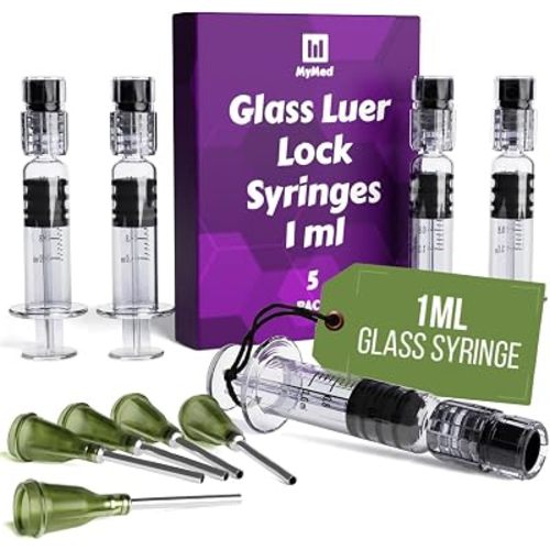 MyMed 5 Pack Borosilicate Glass Luer Lock Syringe 1ml Capacity Reusable Glass Syringes