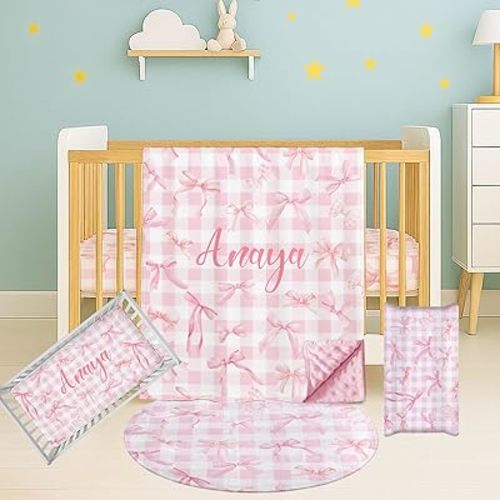 Naseagleeye Personalized Baby Girl Crib Bedding Set, Custom Name Pink Bow Nursery Bedding, 3 Pcs with Minky Dotted Blanket, Fitted Crib Sheet & Changing Pad Cover for Newborn Infant Toddler