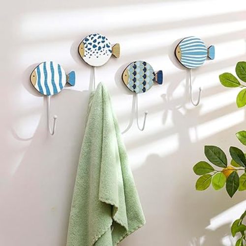 Weysat 4 Pcs Nautical Sea Fish Wall Hooks Fish Wall Mounted Key Holder Nautical Bathroom Decor Summer Rustic Decorative Hook for Living Room Bathroom