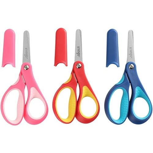 LIVINGO 5" Small School Student Blunt Kids Craft Scissors, Sharp Stainless Steel Blades Safety Comfort Grip for Children Cutting Paper, Assorted Color, 3 Pack
