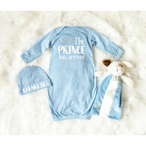 Boys Cute Coming Home Outfit - Baby Boy Pajamas - The Prince Has Arrived Sleeper - Baby Boy Layette - Beanie with Name - Pregnancy Reveal