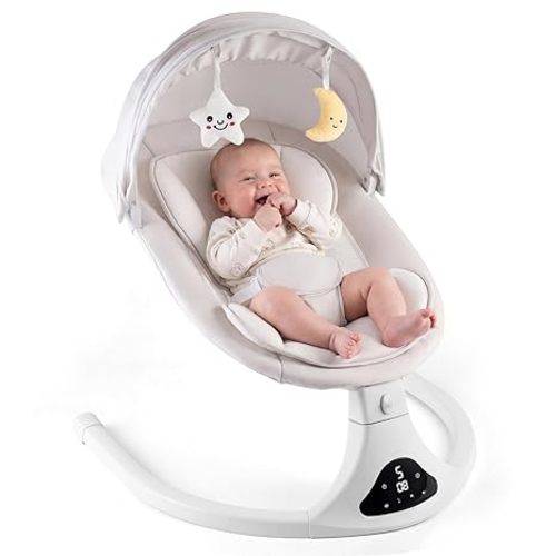 Electric Baby Swing with Remote Control - 5 Natural Motion Speeds, Detachable Seat Pad | Portable Infant Swing for Indoor/Outdoor Use (0-12M, 20lbs) (Grey)