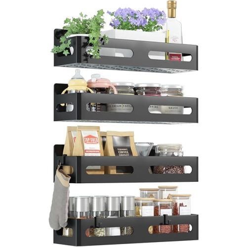 Sevenblue 6 Pack Strong Magnetic Spice Rack for Refrigerator, Multipurpose Magnetic Shelf for Fridge with 4 Hooks for kitchen and Bathroom Organization, Black
