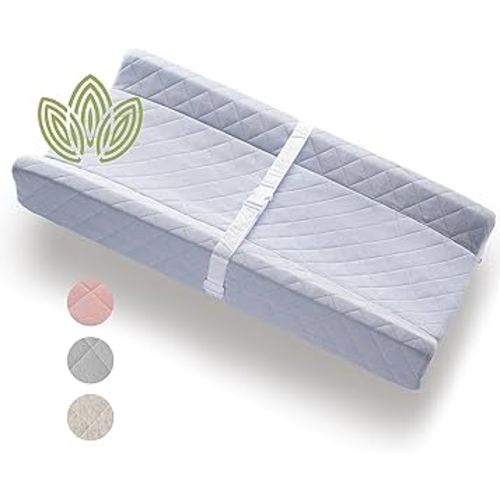 Organic Cotton Contoured Baby Changing Pad w/Waterproof Foam Mattress, Includes Soft, Removable & Washable Cover, Safety Strap, Non-Slip Bottom, Topper for Standard Size Infant Diaper Table & Dresser