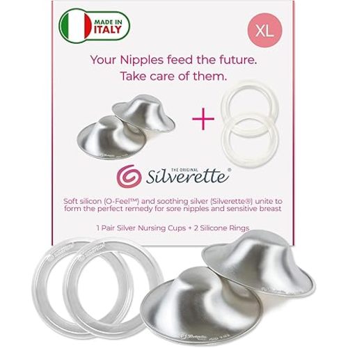 SILVERETTE The Original Silver Nursing Cups, Nipple Covers for Breastfeeding Essentials, Pure 925 Silver Nipple Shields for Breastfeeding Newborn, XL Size with O-Feel Silicone Rings