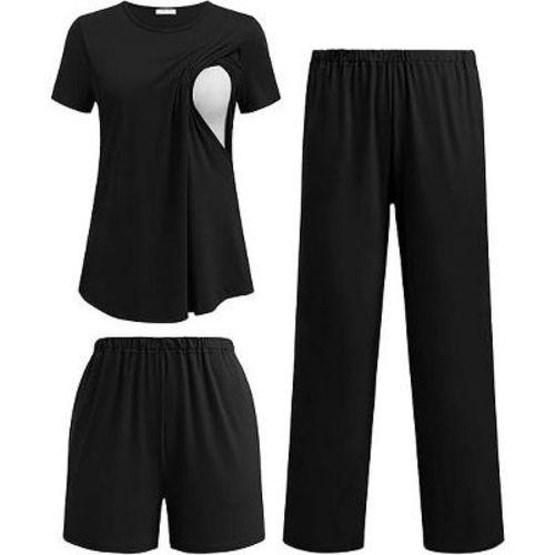 Ekouaer 3 Piece Maternity Pajamas Set Postpartum Nursing Short Sleeve Breastfeeding Sleepwear Pregnancy Shorts & Pants Pjs Black L