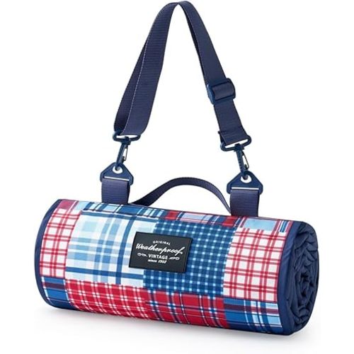 Weatherproof Vintage Waterproof Outdoor Blanket- Blue and Red Roll Up Throw Blanket with Handle, Velcro Closure - Camping Supplies, Travel Blanket for Beach, Picnic & Events, 60"x72" (Madras)