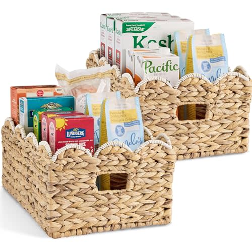Best Choice Products 16x12 Scalloped Shelf Baskets, Woven Storage Bins, Storage Organizers for Pantry, Living Room, Bedroom, Nursery & Laundry, 2 Pack - Natural with White Trim