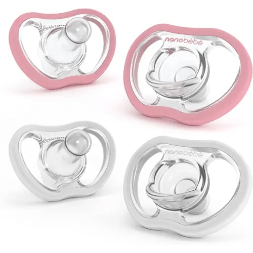 Nanobebe Active Baby Pacifiers 4-36 Months - Orthodontic, Lightweight and Vented, Curves Comfortably with Face Contour, 100% Silicone - BPA Free, Perfect Baby Registry Gift 4pk, White/Pink